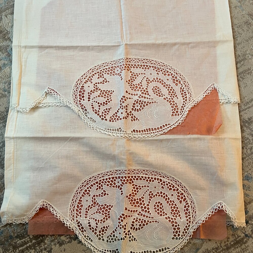 Vintage Pillowcase Covers Cherub Swan Lace Insert King Linen Cotton 2 Piece